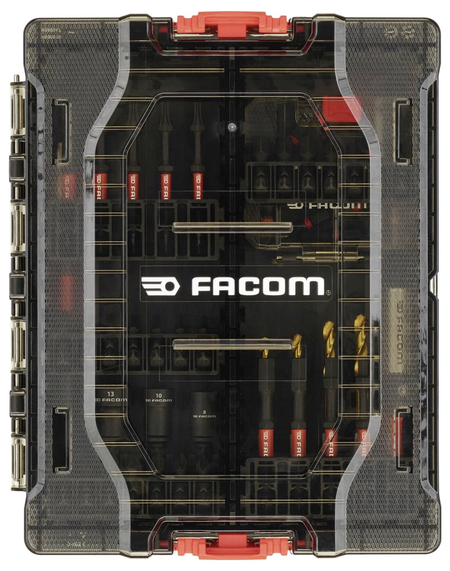 Toolbox by 'Facom' with multiple packed tools, transparent plastic lid and red locks.