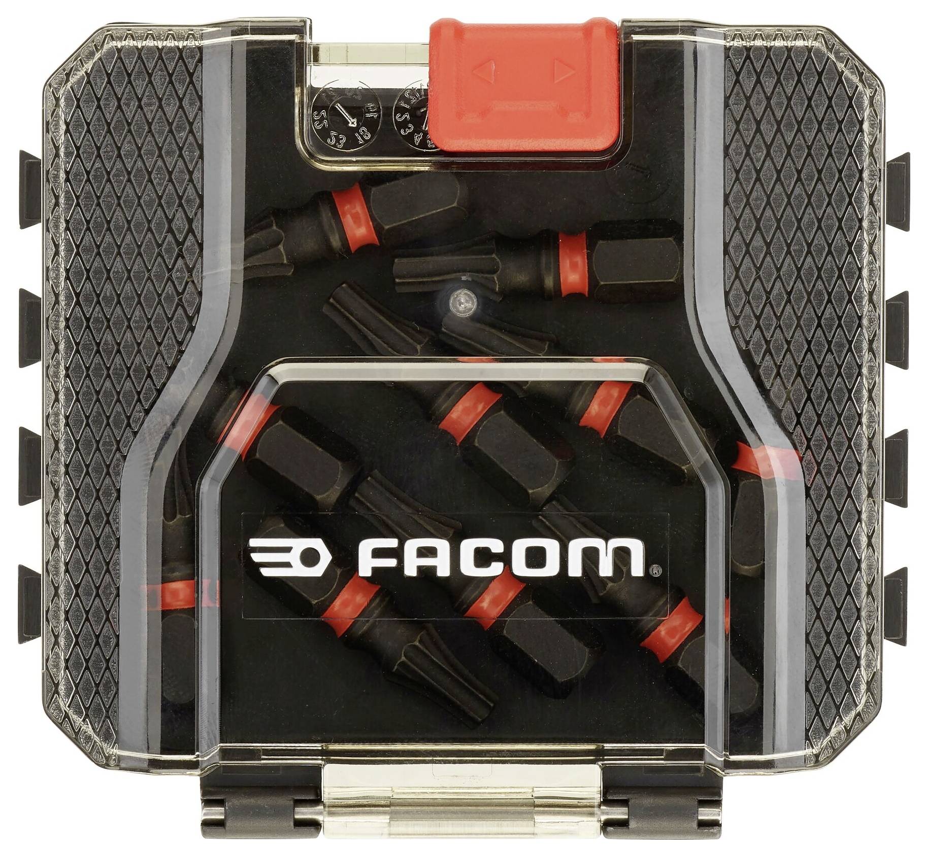 A set of Facom bit attachments in a transparent, rectangular plastic box with black and red design.