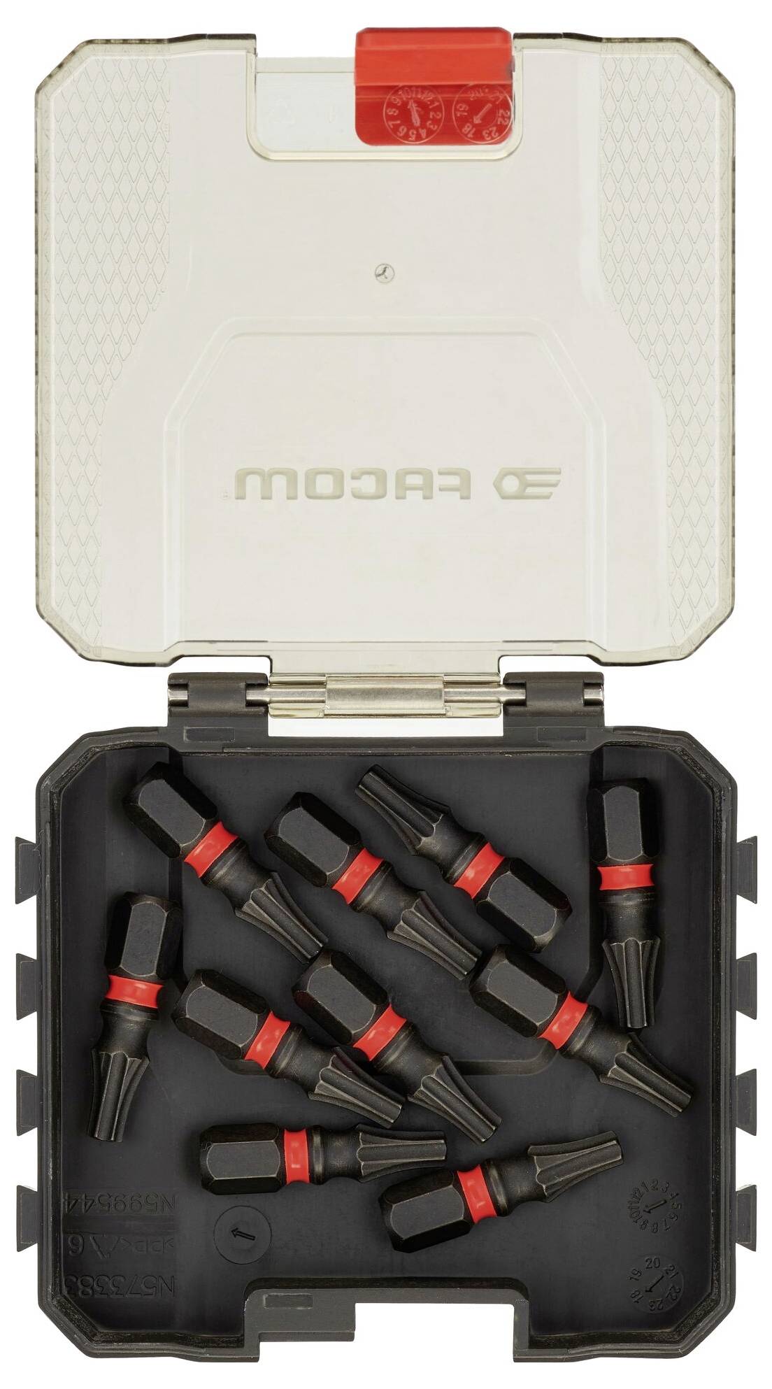 A set of bits in a transparent and black box, marked with 'FACOM'. The box contains several bits with red rings.
