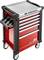 Red tool trolley on castors with five drawers and a handle on the side. The top features a non-slip surface.