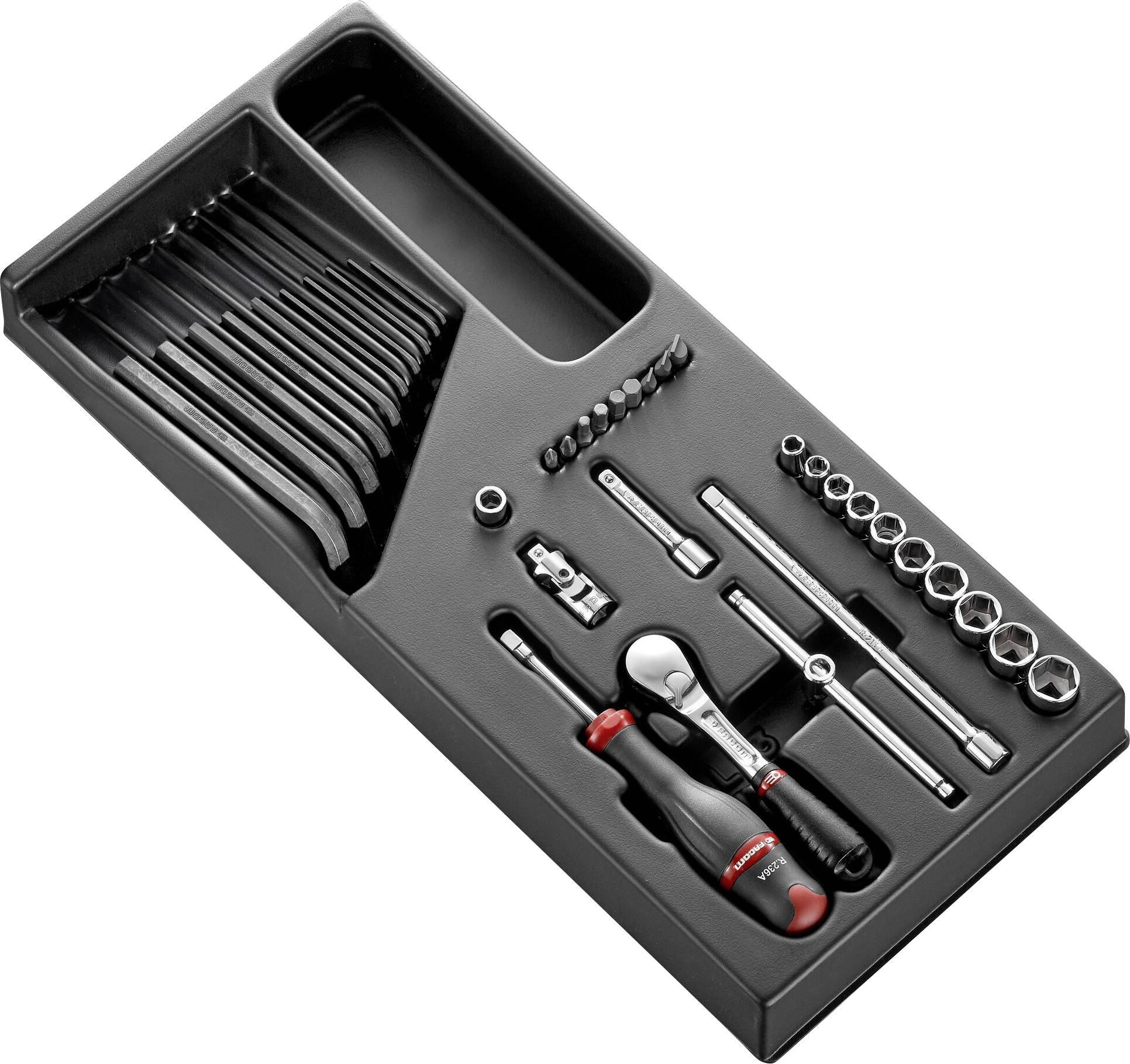 Tool set with spanners, screwdrivers and sockets neatly arranged in a black insert.