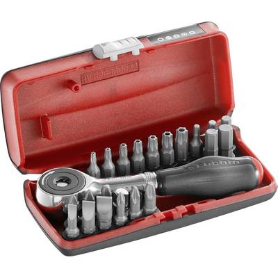 Ratchet screwdriver set in a red box, containing multiple interchangeable bits and a handle.