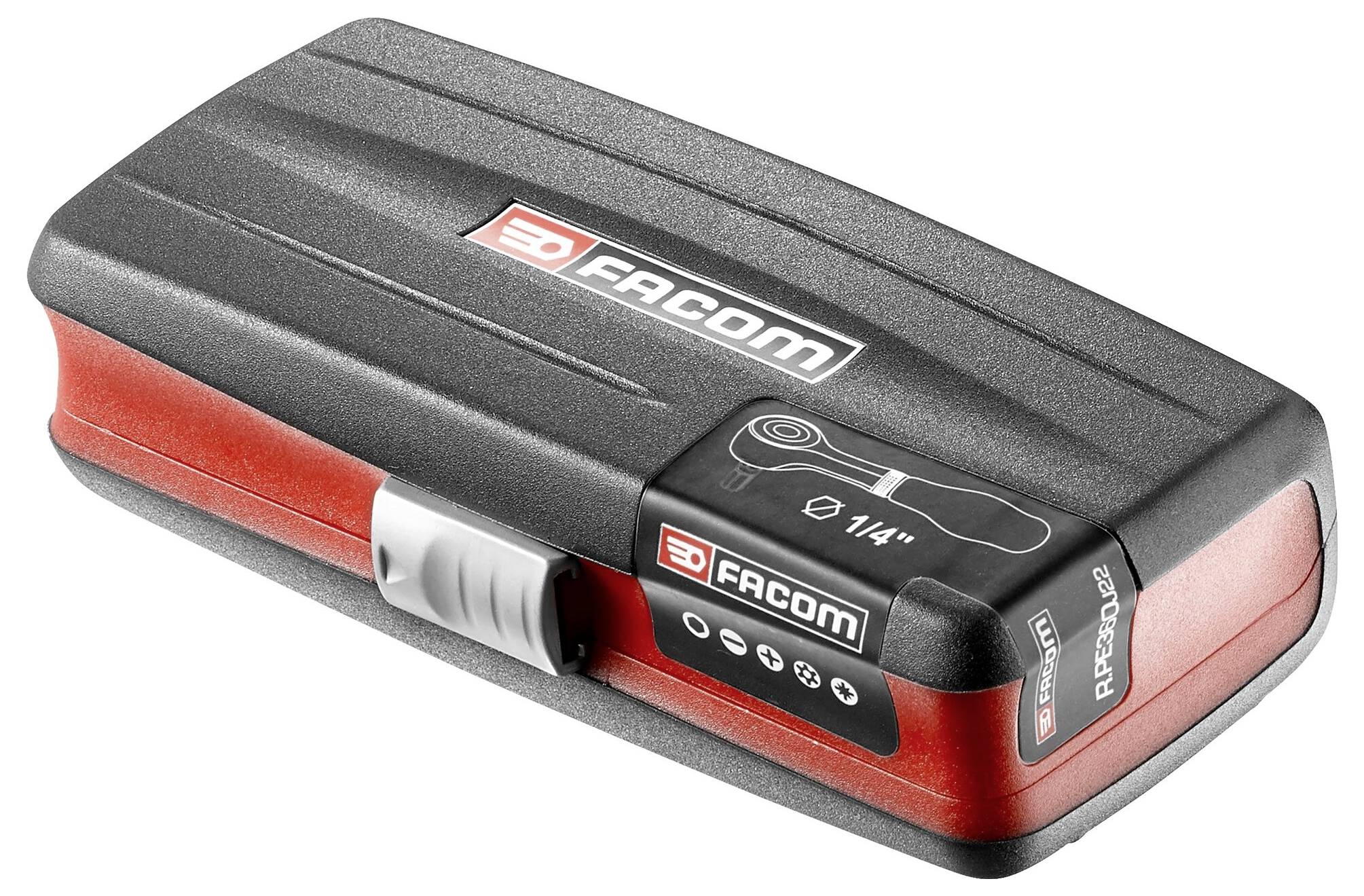 Facom tool case, black and red, with a sliding lock and printed symbols for tools and '1/4"'.
