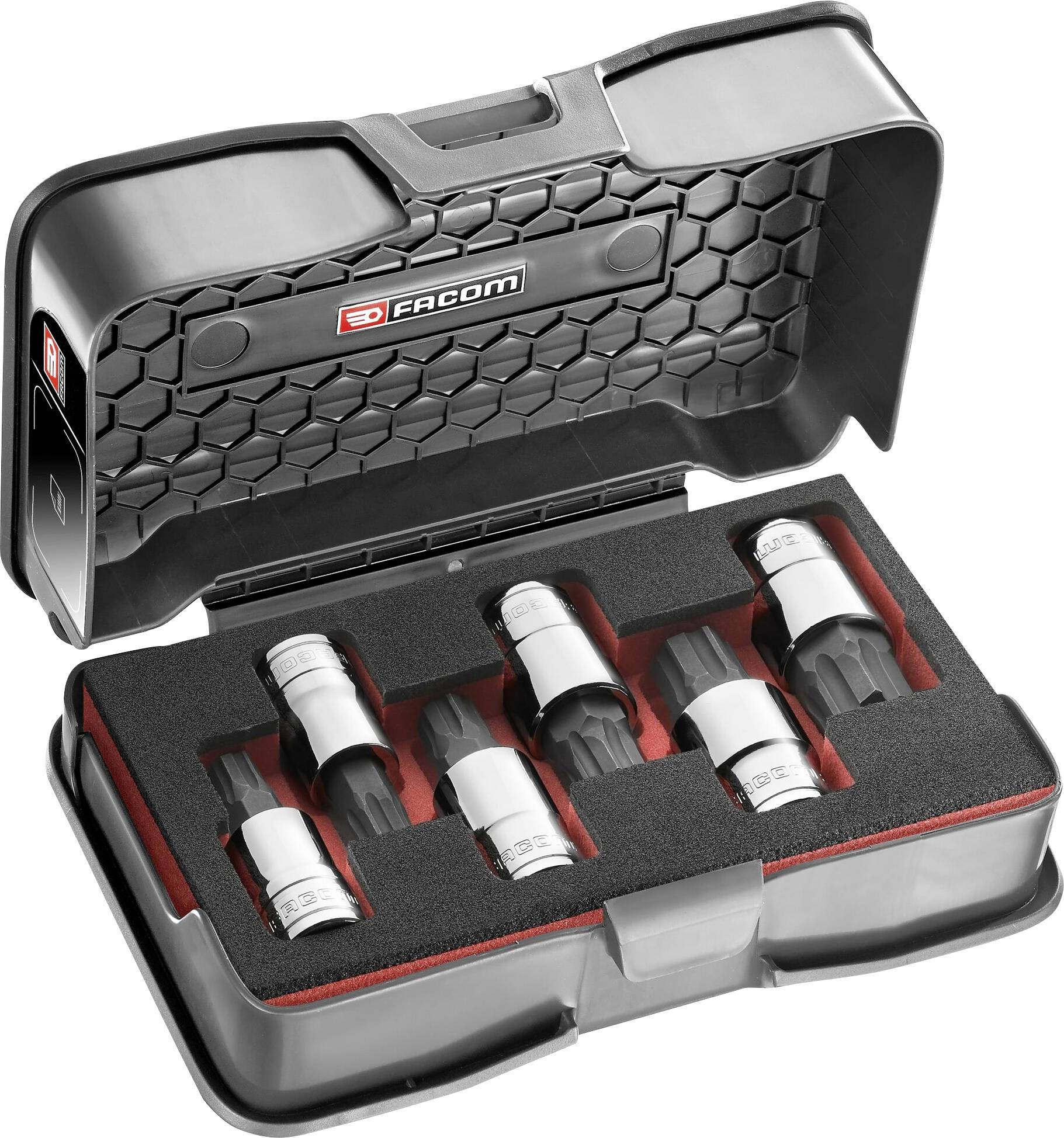 'Set of six white socket nuts in a black, foldable plastic case with foam lining, brand Facom.'