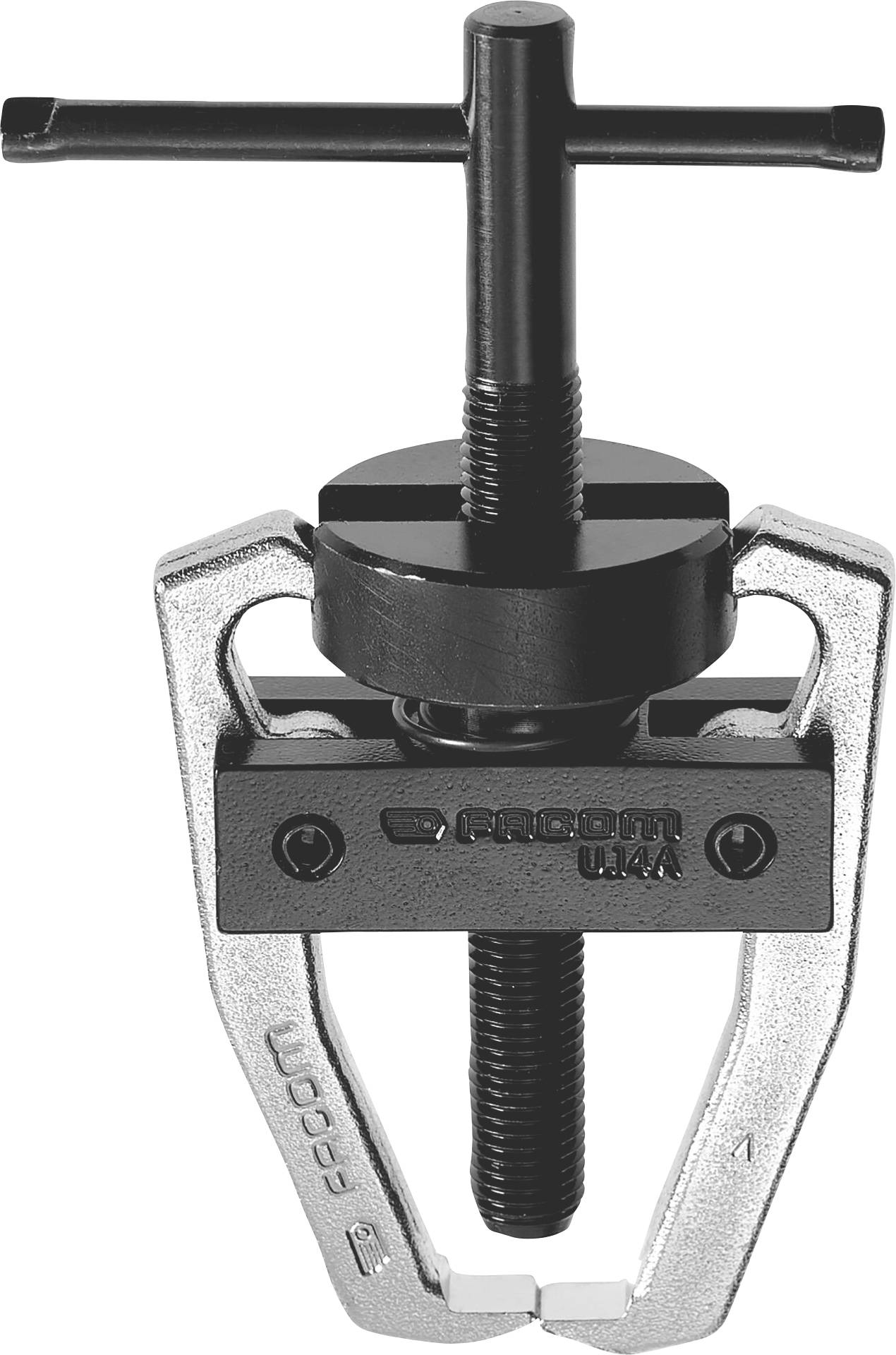 A metal puller with a black screw and silver arms. The handles are curved, and the device is intended for mechanical work.