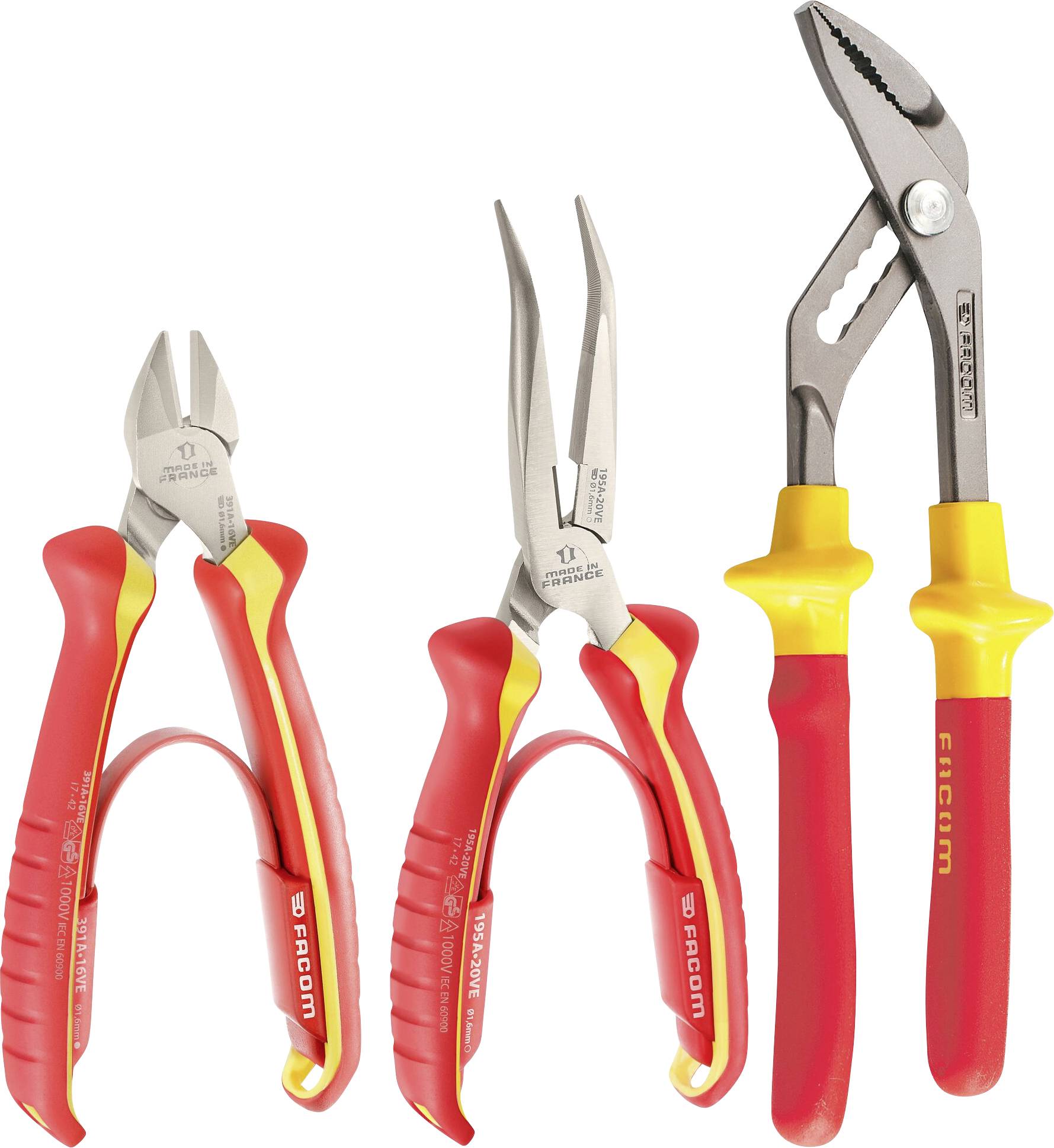 Three different pliers: side cutters, needle-nose pliers and adjustable water pump pliers, all with red and yellow handles.