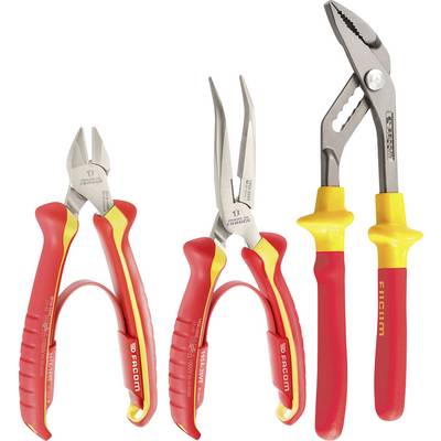 Three different pliers: side cutters, needle-nose pliers and adjustable water pump pliers, all with red and yellow handles.
