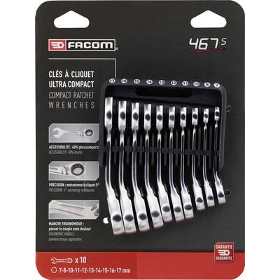 'FACOM 467S' ultra-compact ratchet ring spanner set, 10-piece, 7-17 mm. Improved accessibility and precision. Ergonomic handle.
