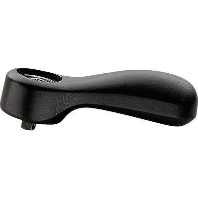A black plastic handle with threading, likely part of a tool or machine for fixing or adjustment.