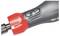 Close-up of a grey and red electric power tool with two control buttons. The main focus is on the ergonomic grip area.