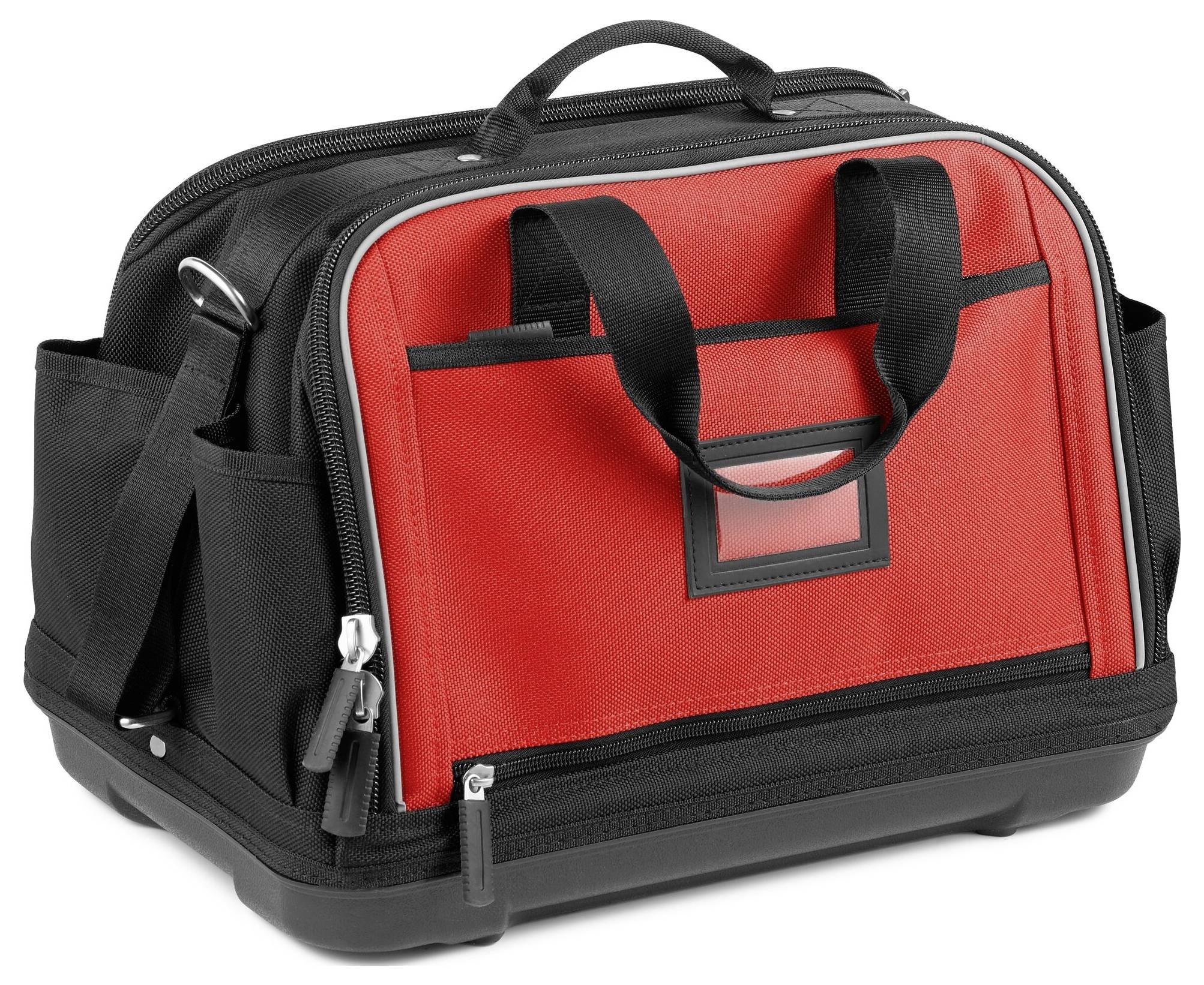 Red and black tool bag with zip fastener and multiple compartments. Robust and portable for transporting tools.