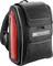 Black tool backpack with company logo, red side panel and zippered pocket. Suitable for transporting tools.