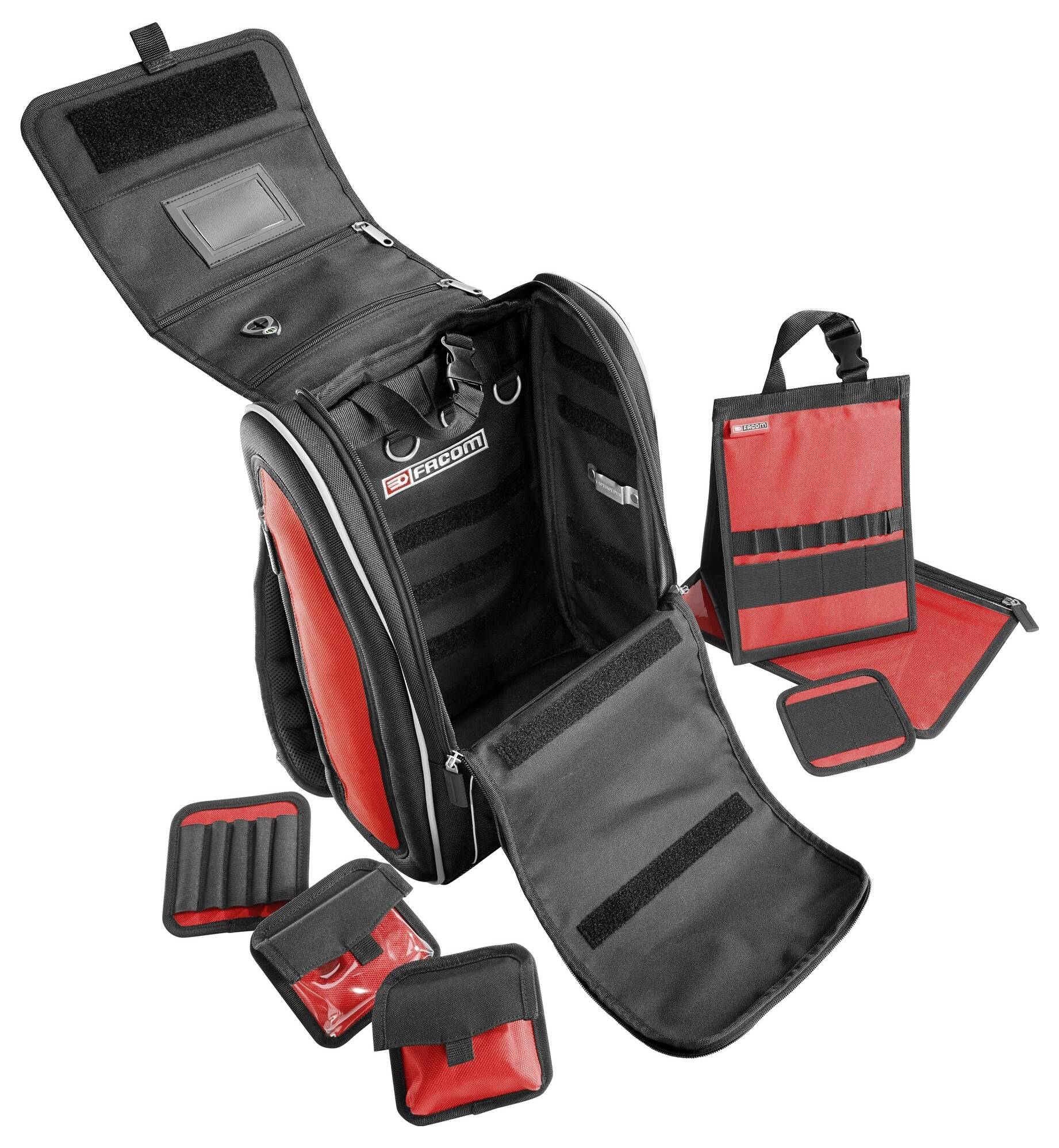 A black rucksack with red accents, open and filled with various pouches and tool organisers, against a white background.