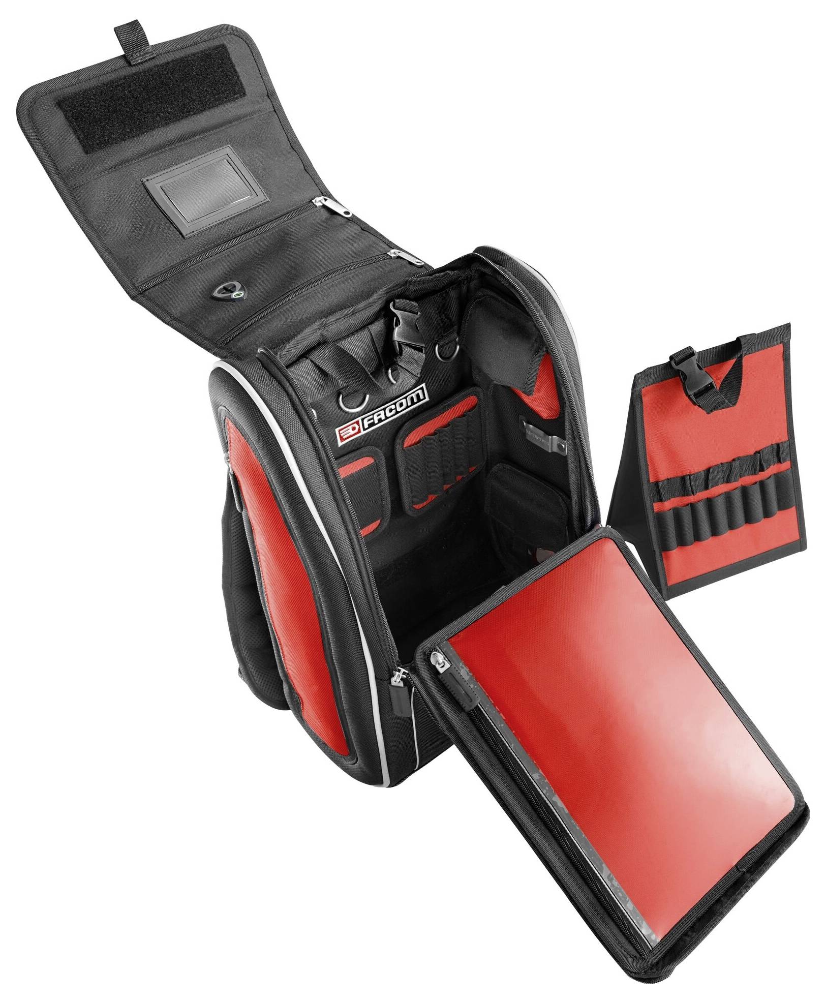 Open black and red tool backpack with multiple compartments and removable sections for tools and accessories.