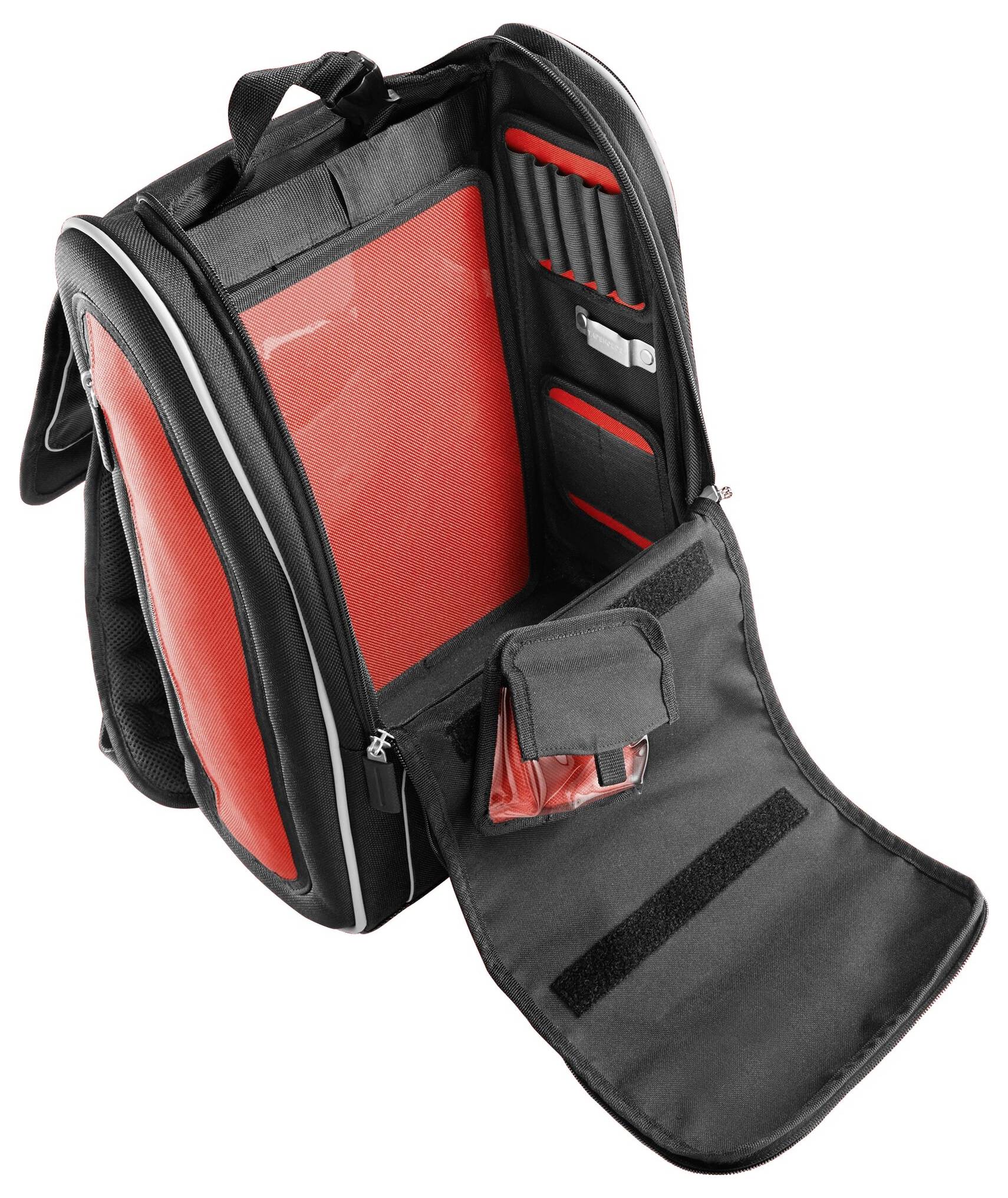 Black and red laptop backpack, opened, showing multiple interior compartments and pen holders, suitable for organisation and transport.