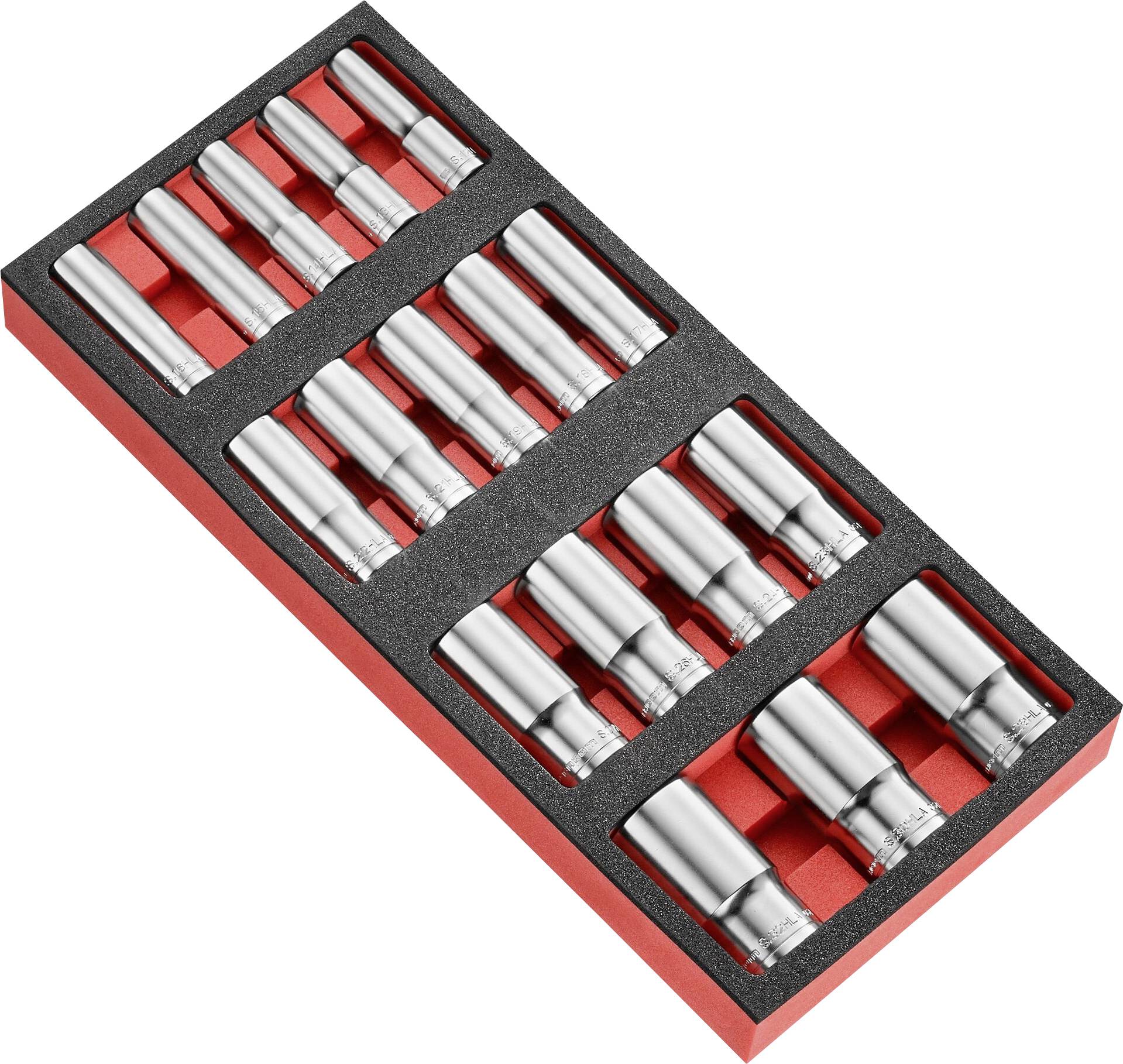 A set of socket wrenches in a red holder with a black insert. The socket wrenches are made of metal and arranged in four rows.