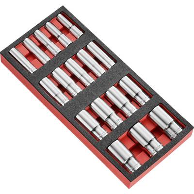 A set of socket wrenches in a red holder with a black insert. The socket wrenches are made of metal and arranged in four rows.
