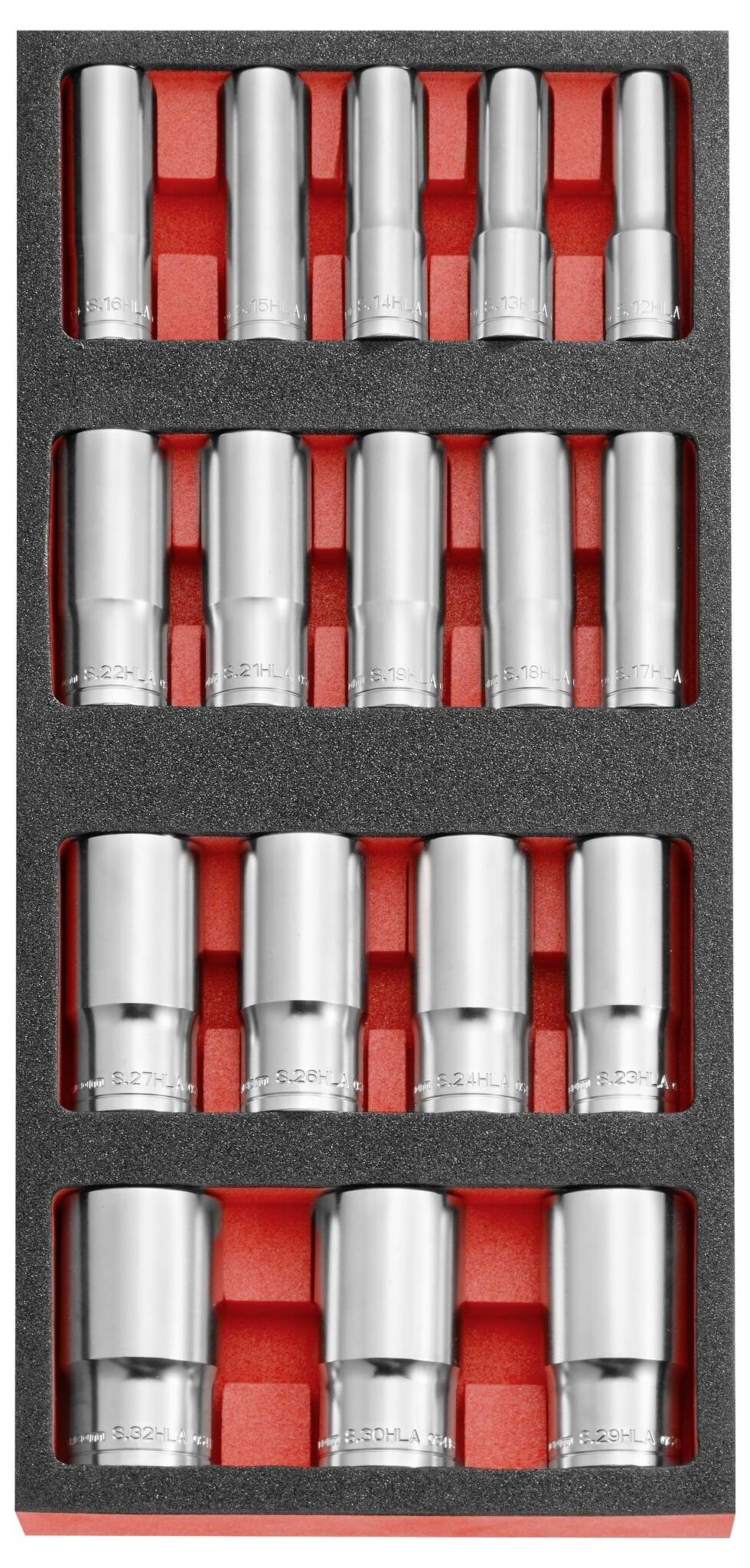 A set of silver socket wrenches in a red and black foam holder, arranged in three rows.