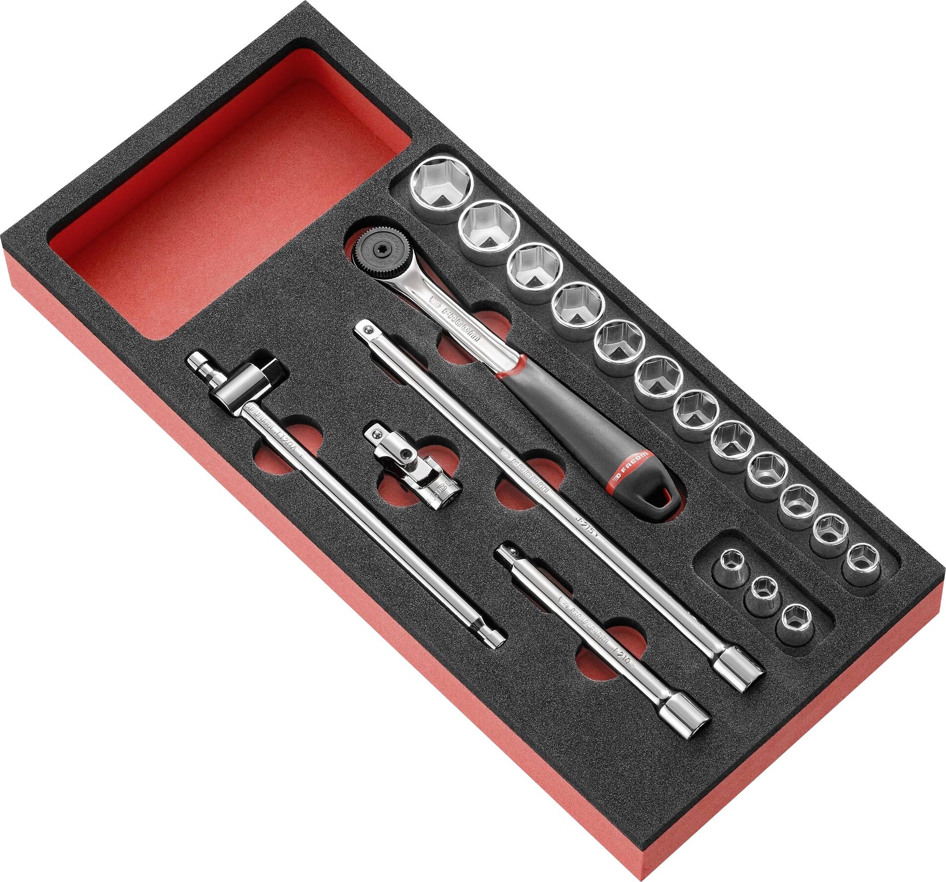 Socket wrench set in foam insert, includes ratchet handle, extensions and sockets in various sizes.