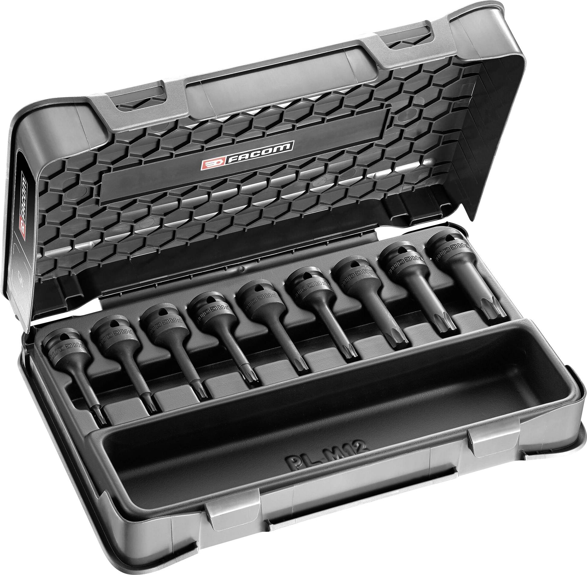 An open tool case with eight black hex keys in various sizes. The interior lining features a honeycomb pattern.