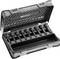 An open tool case with eight black hex keys in various sizes. The interior lining features a honeycomb pattern.