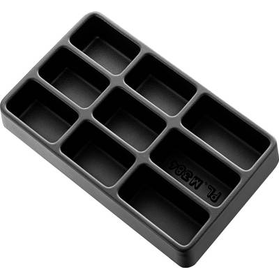 Black plastic tray with nine rectangular compartments for organising small items.