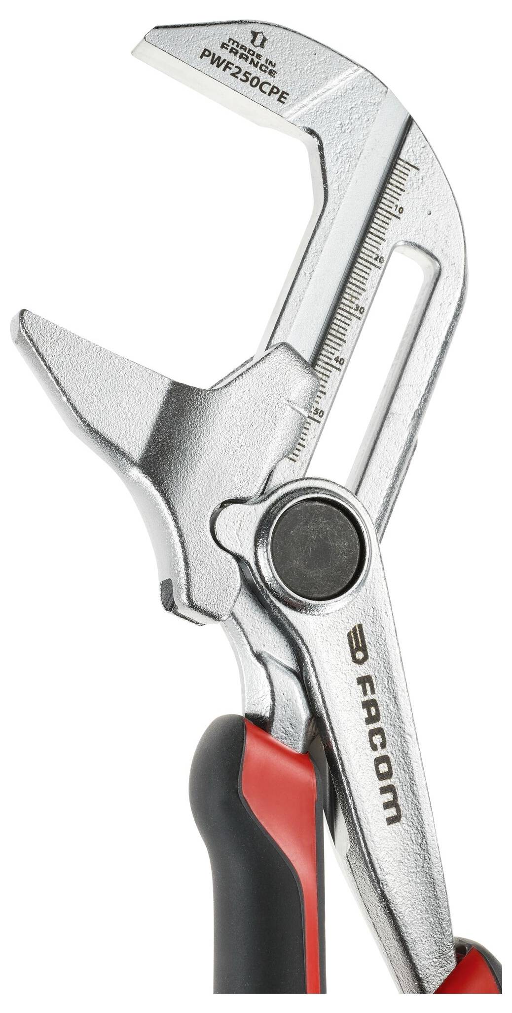 An adjustable metal spanner with red handles, suitable for various screw sizes.