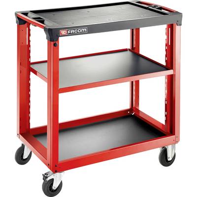 Red tool trolley with three shelves, black surfaces, on four castors. Top surface bearing the Facom logo.