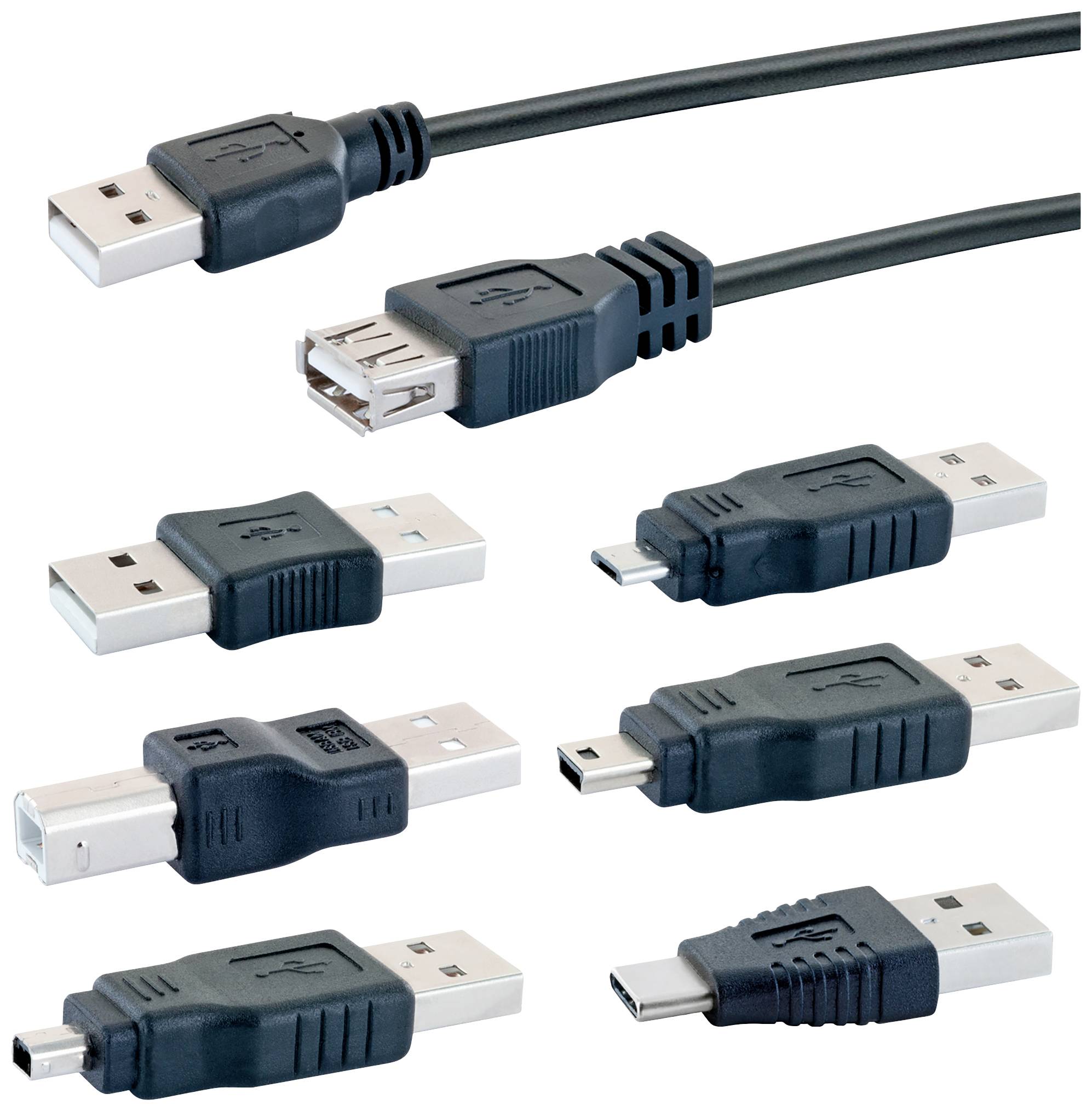 Various USB cables and plugs, including USB-A, USB-B and USB-C in male and female variants.