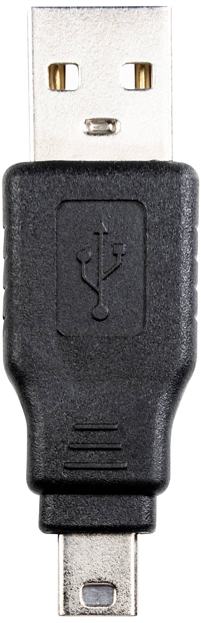 'A USB-A plug, black with USB symbol, connected to a mini-USB plug. Suitable for data transfer and power supply.'