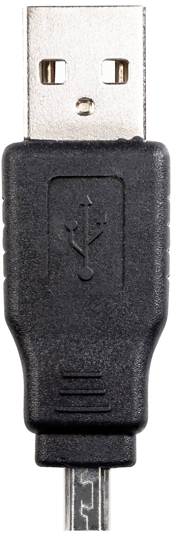 USB plug with black plastic casing and embossed USB symbol.