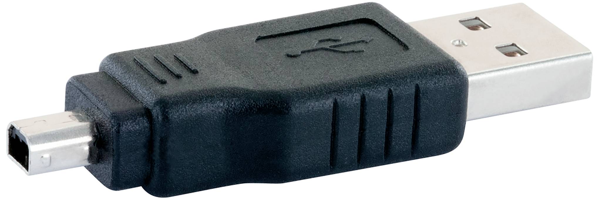 USB adapter with a black plastic housing and two different connectors: Mini-USB and standard USB.