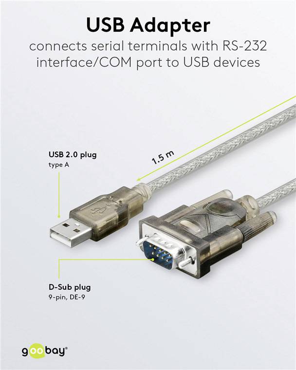The 'USB Adapter' connects serial terminals with RS-232 interface/COM port to USB devices. Displays USB Type-A and D-Sub 9-pin connectors.
