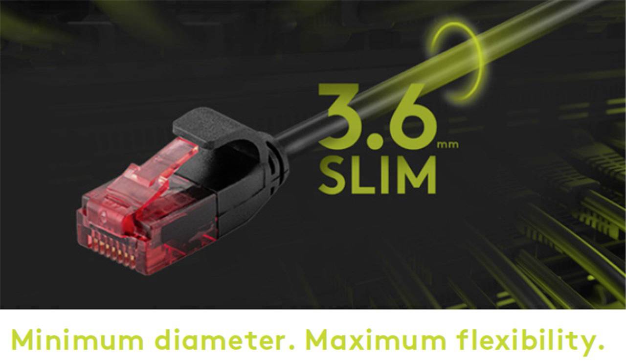 A slender network cable plug with a red clip and label '3.6 mm SLIM'. Text underneath: 'Minimum diameter. Maximum flexibility.'