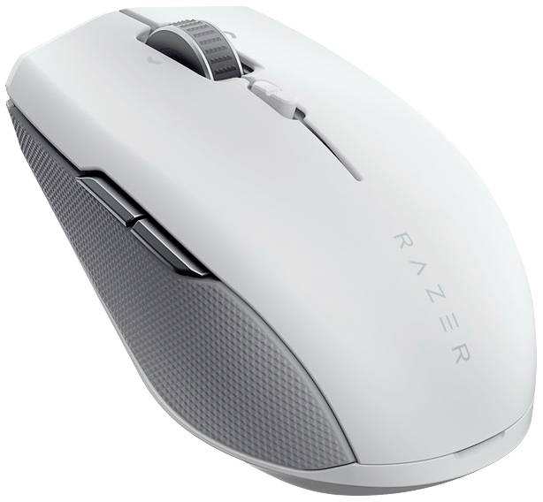 A wireless, white computer mouse with grey side panels and an ergonomic design. It features a scroll wheel and side buttons.