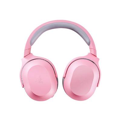 A few pink over-ear headphones with a grey headband.
