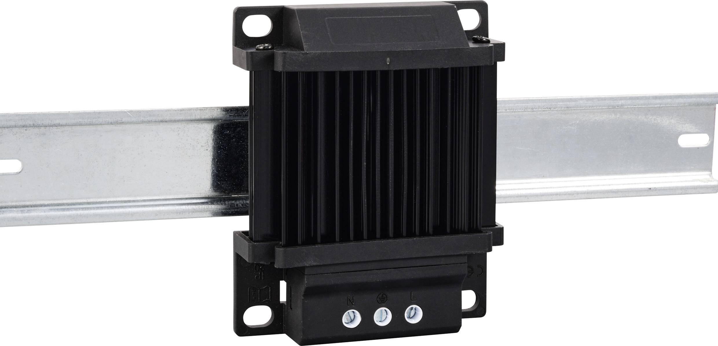 A black heatsink with a mounting bracket on a metal rail, potentially for heat dissipation in electronic components.
