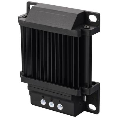 A black electronic radiator with vertical fins. Three terminal connectors at the bottom for electrical connections.