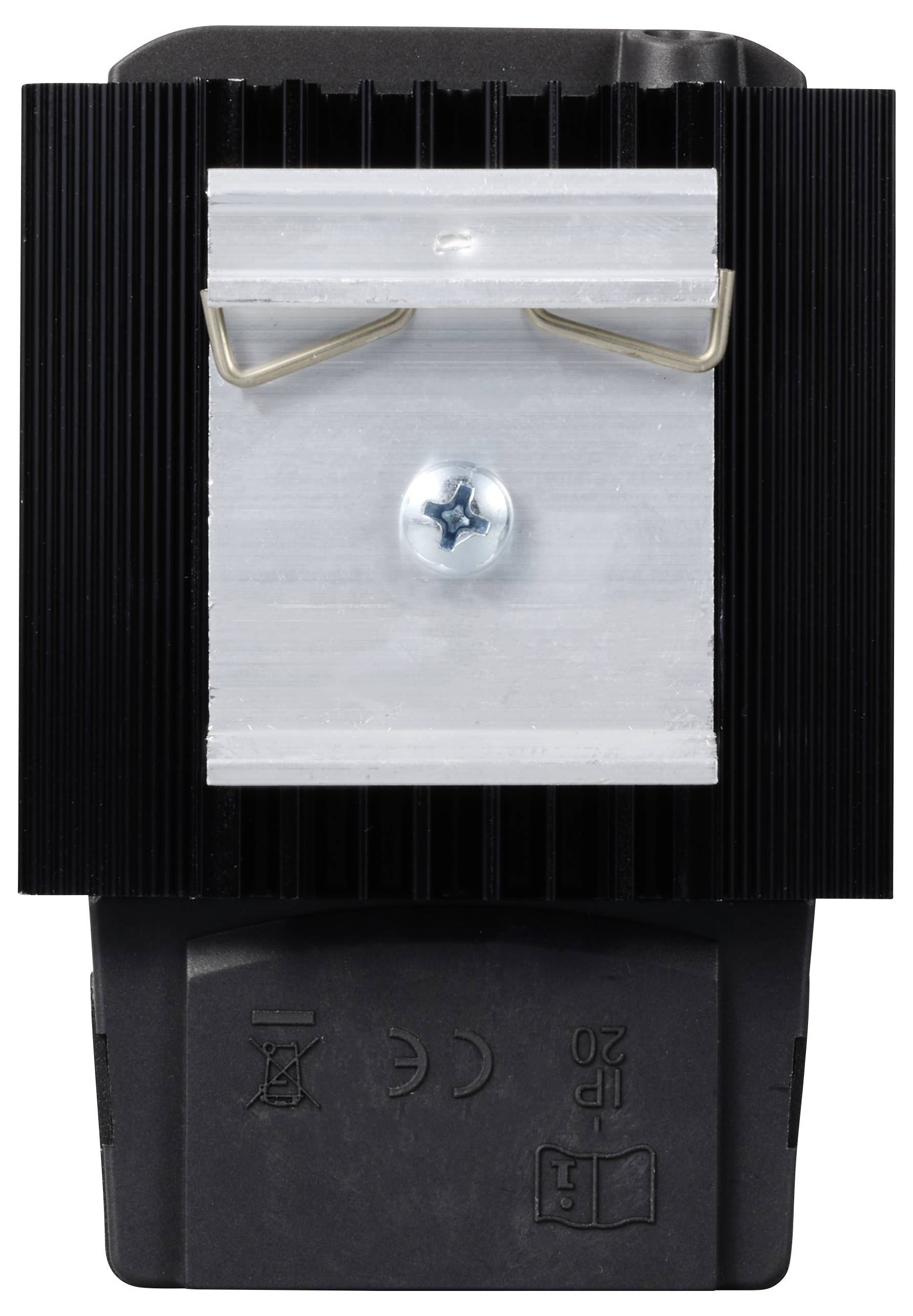 A black electrical device with a silver metal insert and blue screws. Two curved wire handles on top.