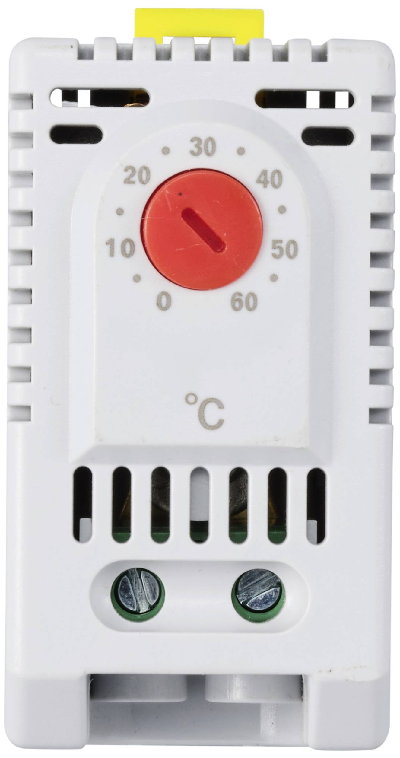 White thermostat device with a red rotary knob in the centre, temperature range from 0 to 60 degrees Celsius displayed.