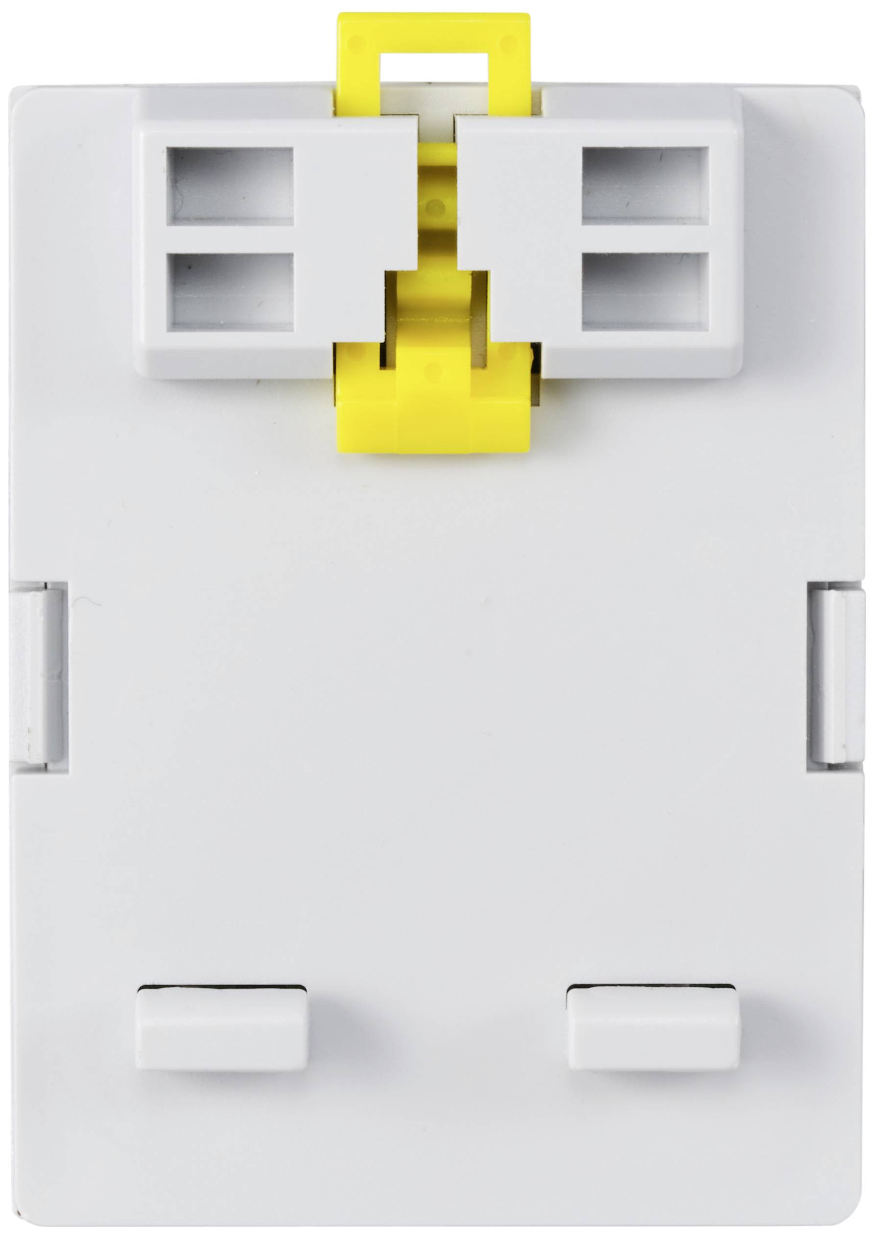 A white electrical connector module with grey mountings and a yellow lever on top.