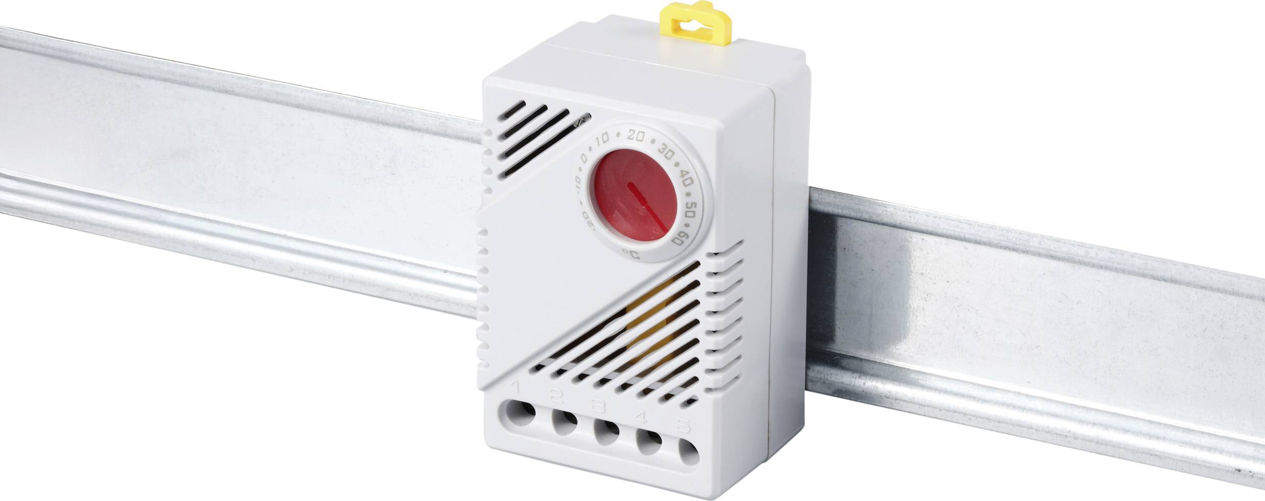 A white temperature controller with a red rotary knob is mounted on a metal rail.