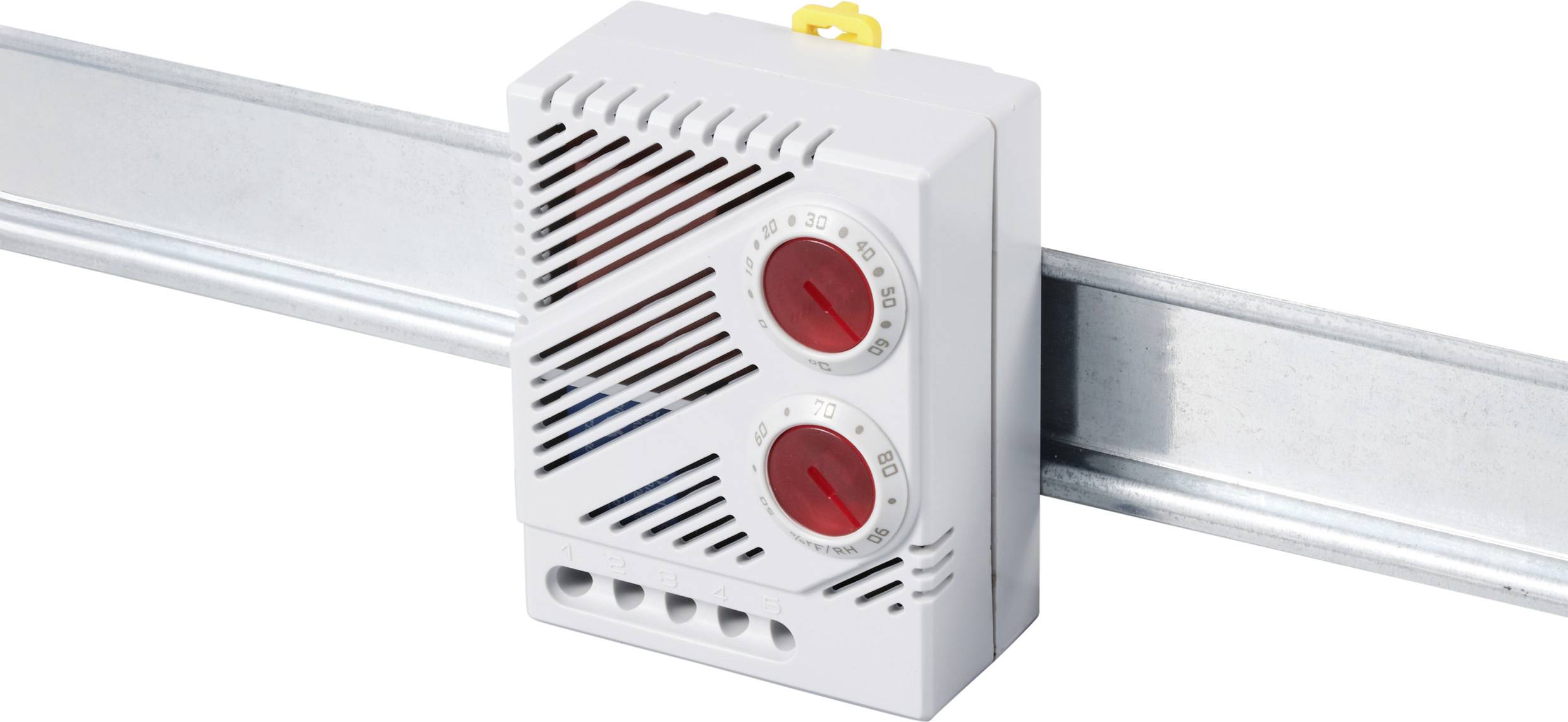 A rectangular temperature control device with two red adjustment knobs, mounted on a metal rail, for temperature monitoring.