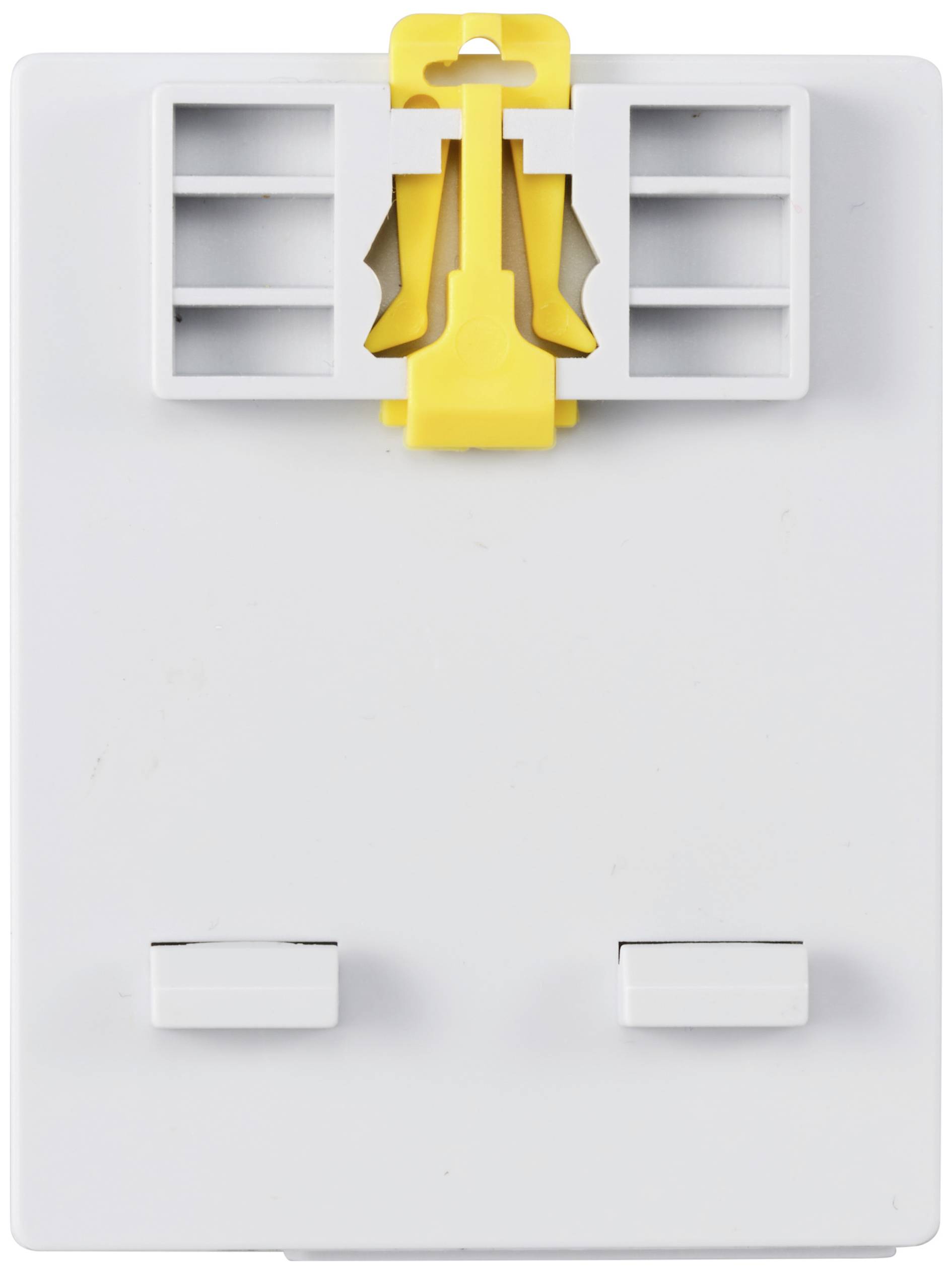 Back of a white-grey plastic frame with a yellow hook in the centre, two fixing elements at the bottom.