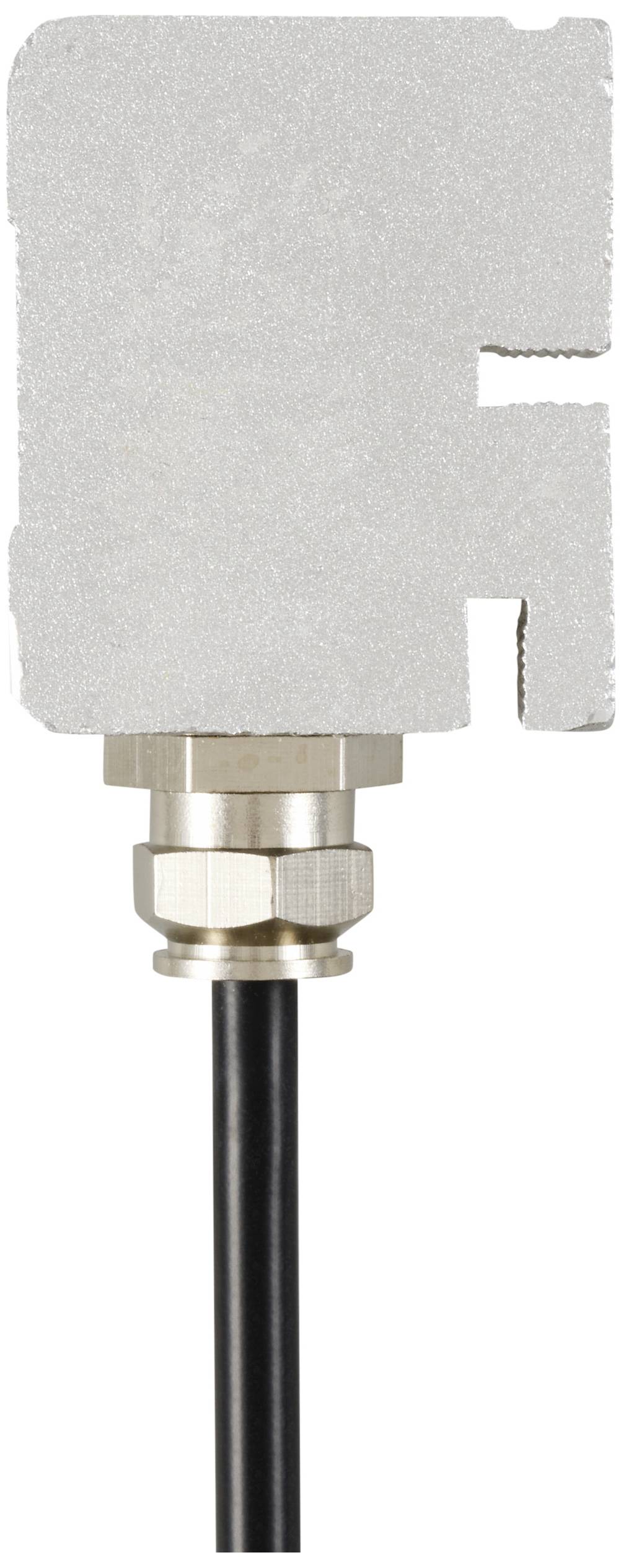 Metal sensor in rectangular form with connection cable and mounting elements, suitable for industrial applications.