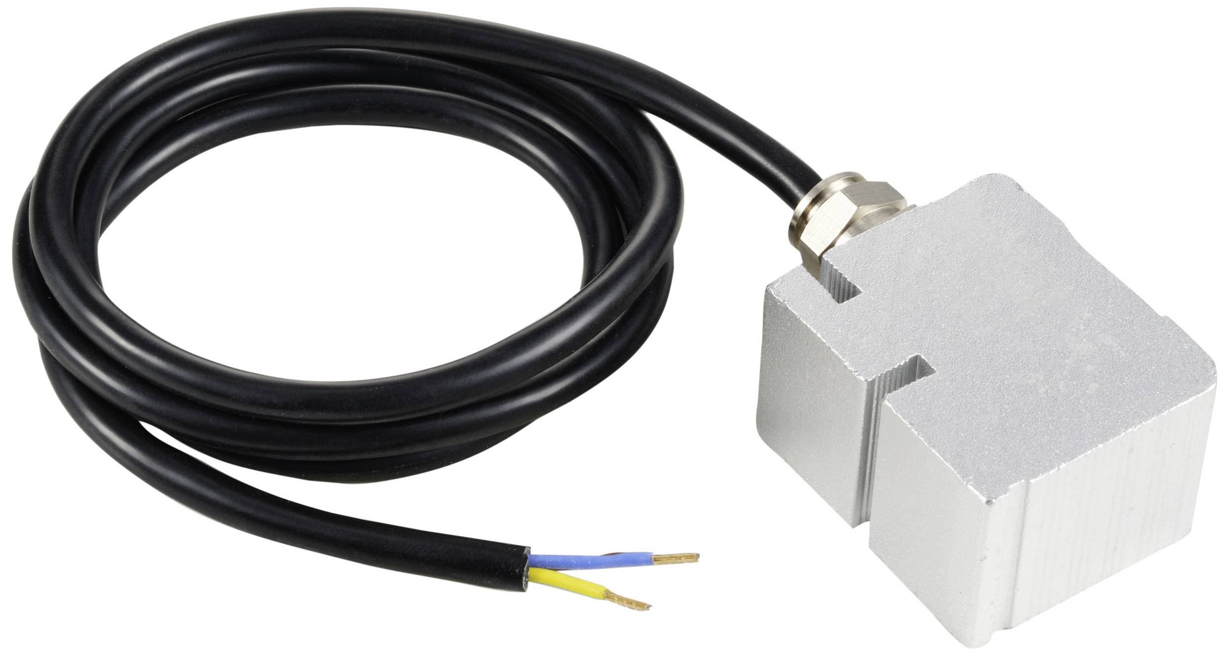 A silver force sensor with a black cable terminating in two wires, one yellow and one blue.