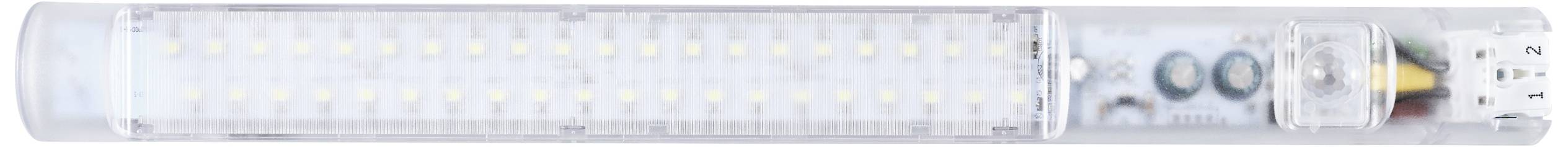 LED lamp in cylindrical form with a transparent casing, revealing a row of illuminated LEDs and electronic components inside.