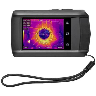 A portable thermal camera device displays a coloured thermal image with temperature markings on the screen.