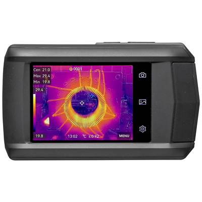 A thermal imaging screen shows a uniform heat source in the centre, surrounded by cooler areas. Temperatures range from 19.8°C to 29.4°C.