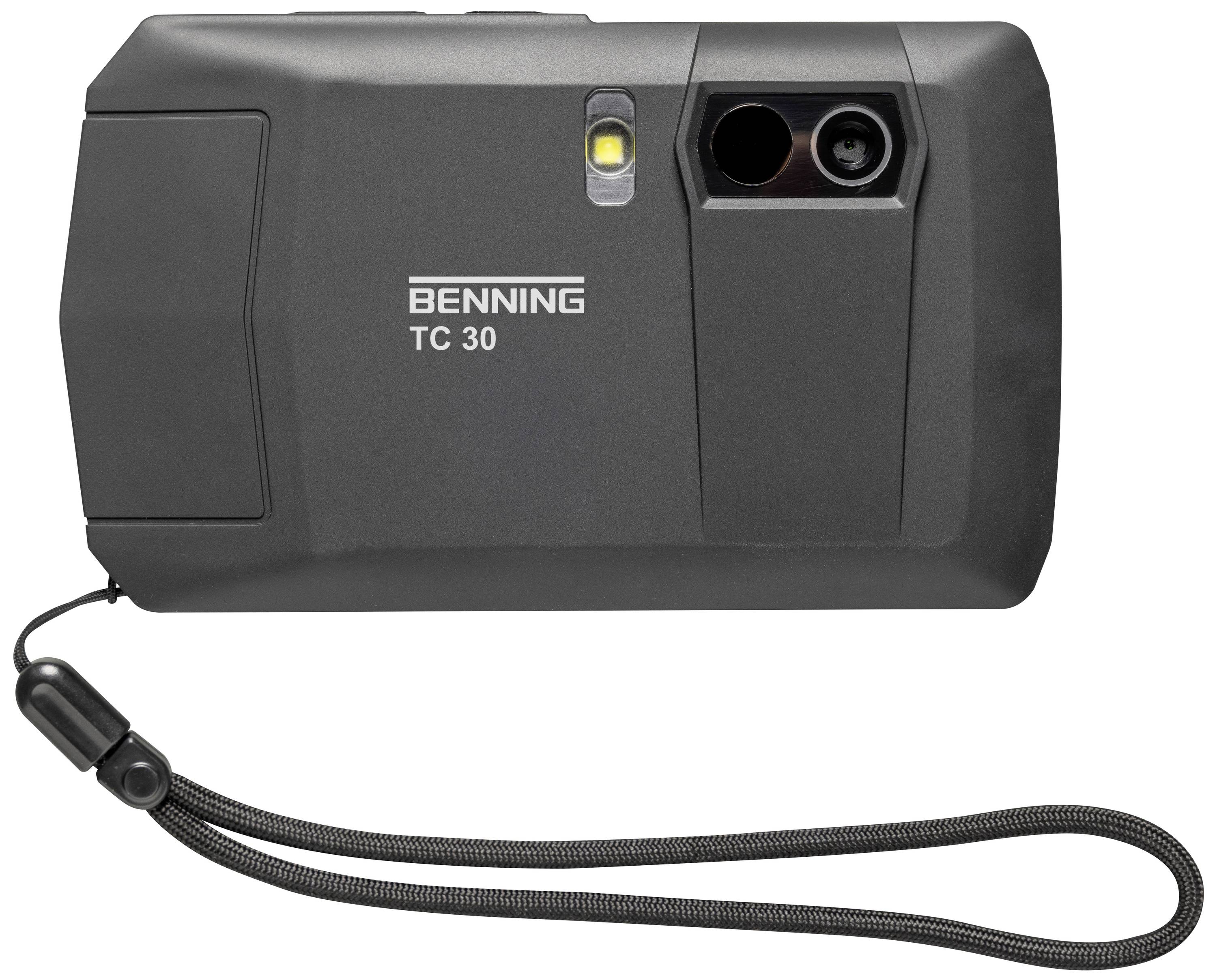 Thermal imaging camera with the inscription 'BENNING TC 30', showing the lens section and wrist strap.
